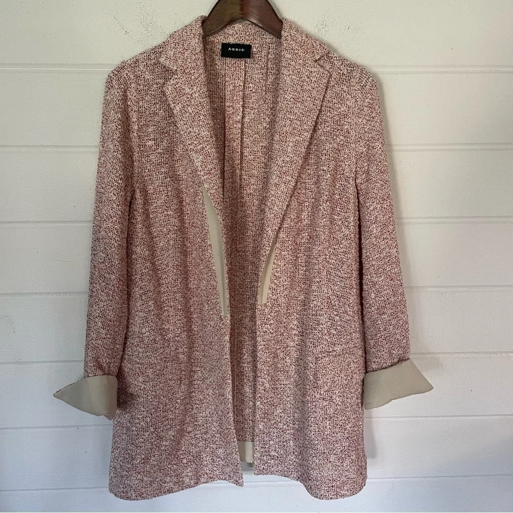 EUC Akris Punto Light Open Front Red White Speckled Textured Weave Blazer Sz 10 - Picture 9 of 13